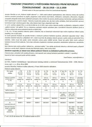 PRINTED MATTER IN POSTAL OPERATIONS OF THE FIRST CZECHOSLOVAK REPUBLIC 28. 10. 1918 - 15. 3. 1939 – sheet 1