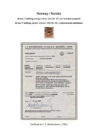 NORWEGEN - 30 ÖRE / 7 SKILLING FREIMARKE 1906 (MI. 65) MIT KOPFSTEHENDEM AUFDRUCK – Blatt 2