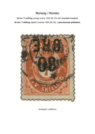 NORWEGEN - 30 ÖRE / 7 SKILLING FREIMARKE 1906 (MI. 65) MIT KOPFSTEHENDEM AUFDRUCK – Blatt 3