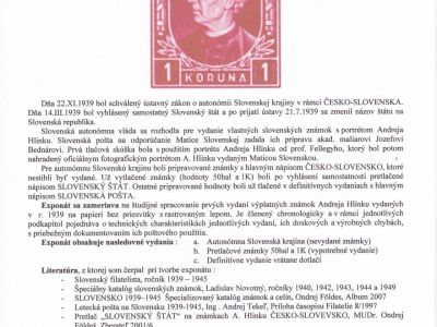 SLOVENSKO 1939: VÝPLATNÍ ZNÁMKY S PORTRÉTEM ANDREJE HLINKY