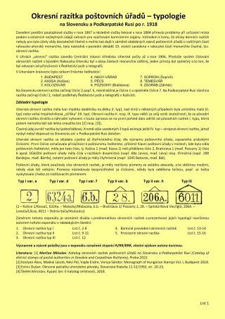 OKRESNÍ RAZÍTKA POŠTOVNÍCH ÚŘADŮ NA SLOVENSKU A PODKARPATSKÉ RUSI PO ROCE 1918 – list 1