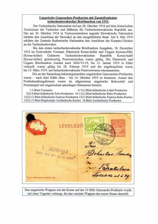 HUNGARIAN STATIONERY CARDS WITH ADDITIONAL TSCHECHOSLOVAK FRANKING IN 1919 – sheet 1
