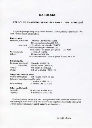 RAKOUSKO CELINY SE ZNÁMKOU FRANTIŠEK JOSEF I. 1908  JUBILEJNÍ – list 1