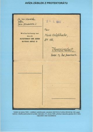 PERSECUTION OF JEWISH PEOPLE IN PROTECTORATE BOHEMIA AND MORAVIA AND GHETTO TEREZIN (THERESIENSTADT) IN POSTAL DOCUMENTS – sheet 129