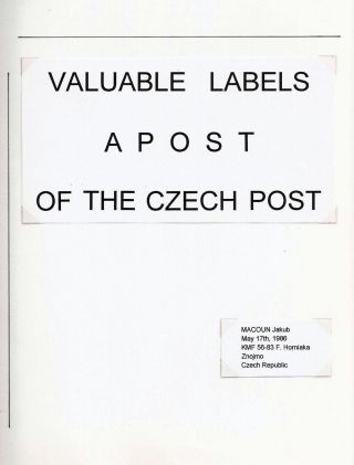 ČESKÁ POŠTA: CENNÉ NÁLEPKY APOST – list 1