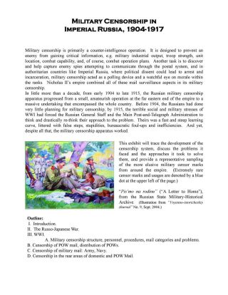 MILITARY CENSORSHIP IN IMPERIAL RUSSIA 1904-1917 – sheet 1