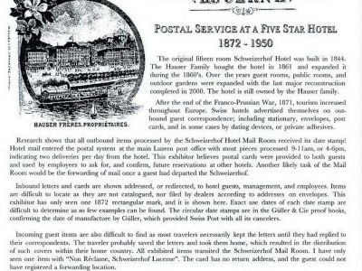 H0TEL SCHWEIZERHOF, LUZERN, SWITZERLAND - POSTAL SERVICE AT A FIVE STAR HOTEL 1872-1950