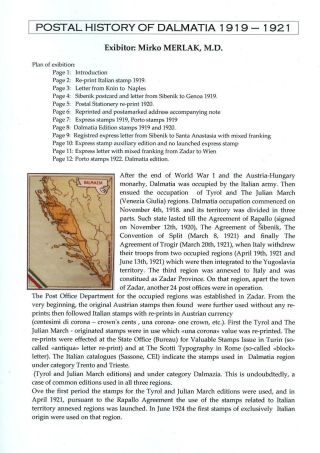 POŠTOVNÍ HISTORIE DALMÁCIE 1919-1921 – list 1