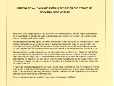 INTERNATIONAL DAYS AND FAMOUS PEOPLE ON THE STAMPS OF CROATIAN POST MOSTAR